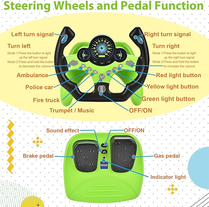 RedCrab Steering Wheels with Brake and Gas Pedals Toy for Kids,Pretend Driving Seat Toys with Light and Music,Simulated Driving for Toddlers,Baby Electric Early Learning Educational Toys (Green)