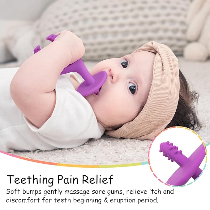 Mombella Baby Teething Toys for Babies 3 6 12 Months with Attachment to Clip on, Soft Silicone Teether Toys, 2 in 1 Elephant Teethers & Pre-Training Toothbrush, 9 Month Old Infant Chew Toys, Purple