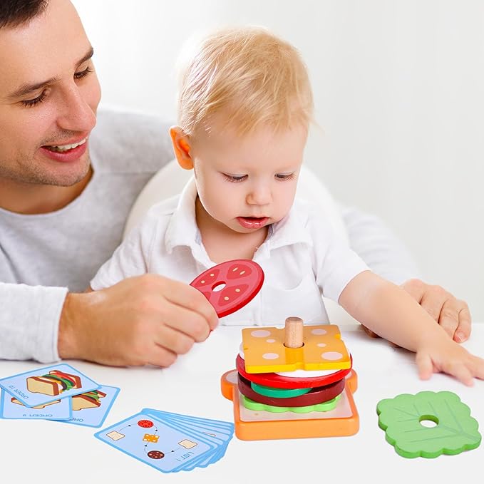 LovesTown Wooden Sandwich Stacking Toys for Kids, Preschool Learning Toys with Cards, Montessori Educational Playset