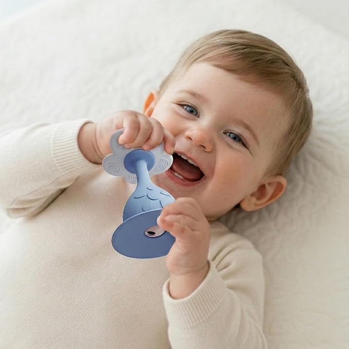 Baby Flower Teether Rattle Toy, Sensory Toy for Baby 0-24 Months, Teething Relief Chewing Toy for Infant, BPA Free Food Grade Silicone Teether (Blue)