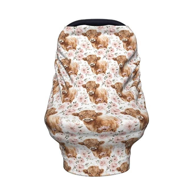 Highland Cow Baby Car Seat Covers Canopy Covers Baby Multi-Use Car Seat Canopy Carrier Cover, Breathable Breastfeeding Cover Boys & Girls