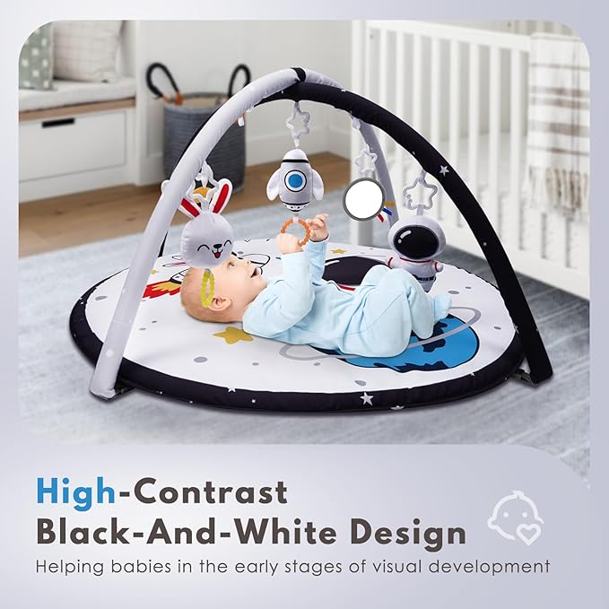Lovvie & Joy Baby Play Activity Gym Tummy Time Mat for Newborn Infant,Baby Gyms & Playmats for Babies 0-6 9 12 Months with 5 Toys for Early Sensory Exploration and Motor Skill Development Space