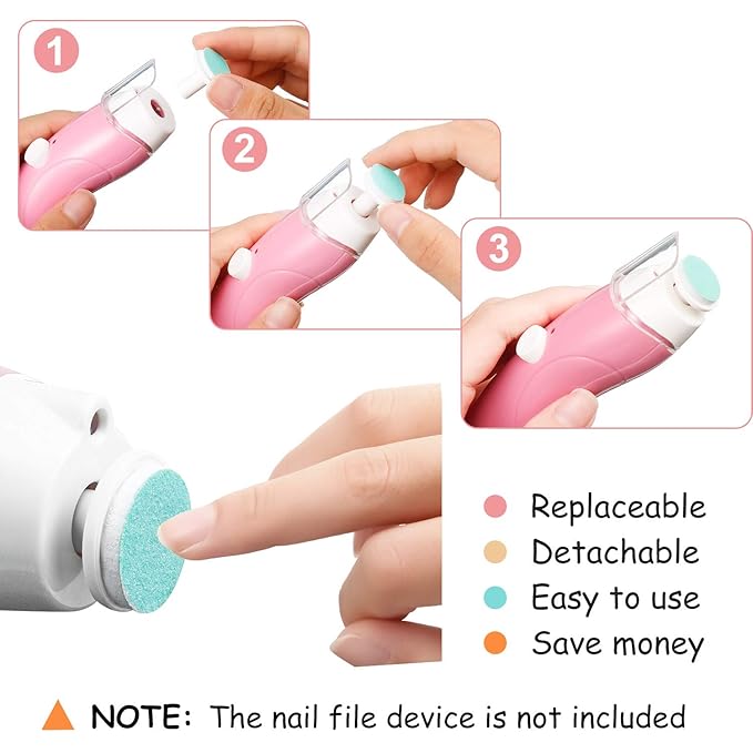 24 Pieces Baby Nail File Pads Nail Trimmer Replacement Pads Electric Baby Nail Grinding Heads for Standard Electric Kid Nail Trimmer Suits to Newborn Infant Toddler (Pink, Light Blue, Green, Orange)