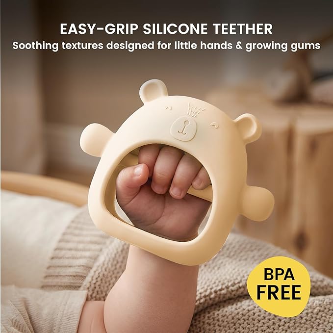 Lulyboo Silicone Teething Baby Bear, Soft and Durable Easy Grip Teether, Self Soothing Pain Relief for Teething, 0-12 Months (Ivory)