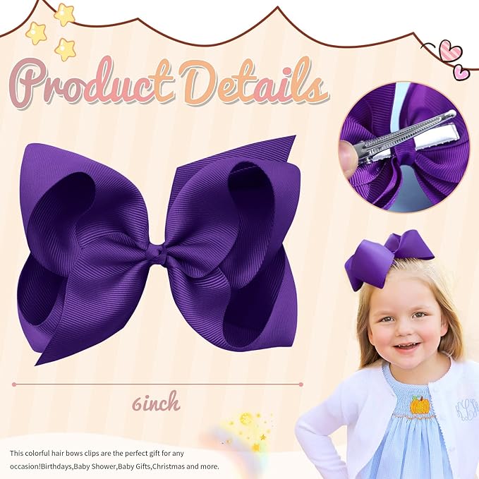 Oaoleer Hair Bows Clips, 2PCS 6inch Purple Layered Grosgrain Ribbon Bows Hair Alligator Clips for Baby Girls Infants Toddlers Kids Teens Children