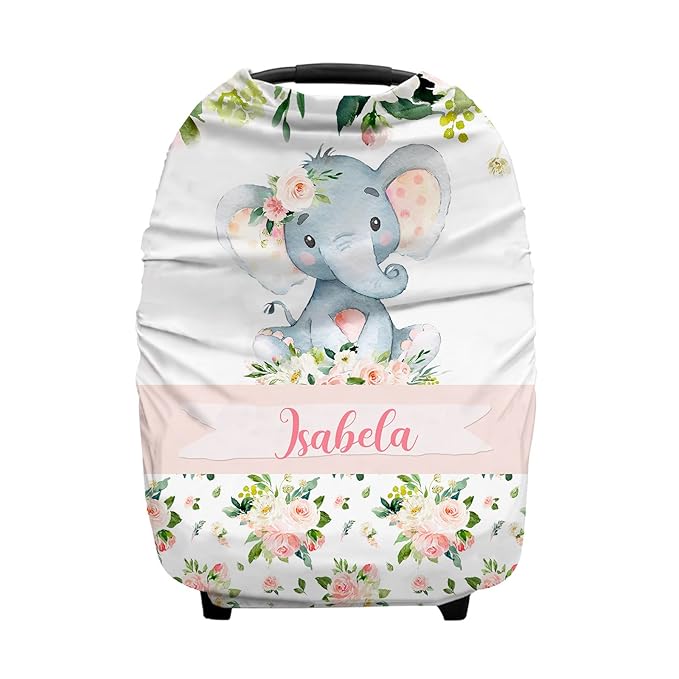 Personalized Baby Car Seat Cover for Girls, Custom Nursing Covers for Breastfeeding with Name, Infant Stroller Cover, Baby Carseat Canopy for Newborn, Multiuse Car Seat Canopies, Floral Elephant