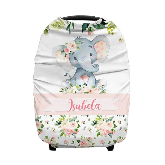 Personalized Baby Car Seat Cover for Girls, Custom Nursing Covers for Breastfeeding with Name, Infant Stroller Cover, Baby Carseat Canopy for Newborn, Multiuse Car Seat Canopies, Floral Elephant