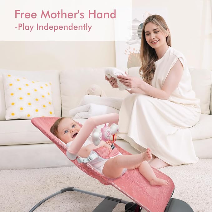 iGRATENS Baby Bjorn Bouncer Toy Bar, Toy Bar for Baby Bouncer Bliss and Balance Soft with 3 PCS Cute Sensory Toys, Easy to Attach and Remove, Skin -Friendly, Machine Washable, Pink and White, Soft