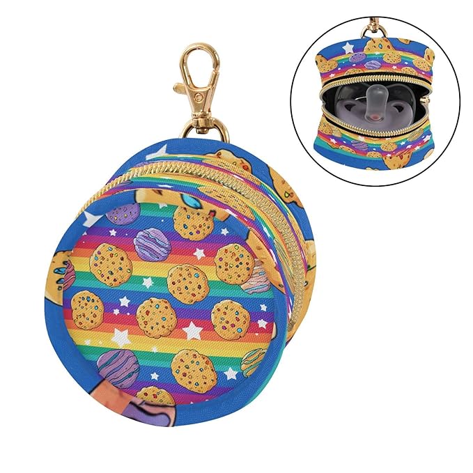 Pacifier Holder with Clip Pacifier Case for Diaper Bag Round Baby Pacifier Pouch Box Bag Portable Rainbow Stripes Cookies Stars