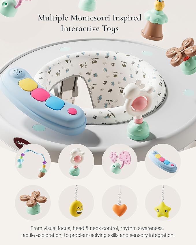 CuddoBaby Baby Jumper 4-Stage Convertible| Montessori -Inspired 8 Interactive Toys| Tummy Time Playmat, Bouncer, Exersaucer, Toddler Table| Music & Lights | 3-6, 6-12, 12-18, 12-24 Months - Gray