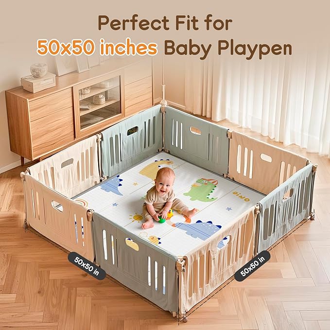 Foldable Baby Play Mat, PIGLOG 50" x 50" Waterproof Playmat for Playyards for Babies, Safe Foam Playmat for Tummy Time, Reversible Playmats, Portable Floor Mat for Infant, Toddler，Dinosaurs + Rainbow