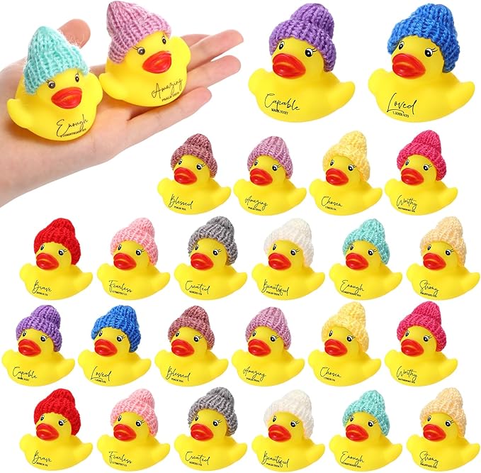 MiniInflat 36 Pcs Christian Mothers Gift Rubber Ducks Bulk with Bible Verses and Knit Hats Church Gifts Mini Religious Inspirational Duck Toys for Graduation Family Women Men Church Party (Yellow)
