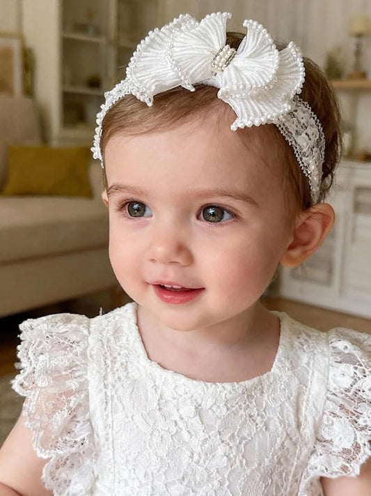 Baby Girls Headband White Bow Lace Headbands Soft Elastic Bowknot Hairbands Cute Hair Accessory for Newborn Kids Infant Toddler Baptism Birthday Party (Wide Lace)