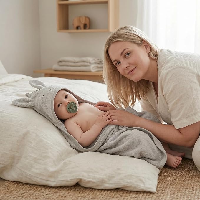 Hooded Baby Towels - 100% Organic Cotton Baby Bath Towels, 32" x 32" Super-Soft and Absorbent Baby Towels for Newborn 2-Pack (Rabbit Grey/Bear Natural)