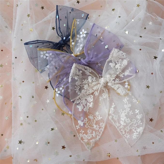 Lightweight Gauze Hair Barrettes with Lace Bows for Baby Girls, Women - Cottagecore Accessories (8 Pack Fable Bow)