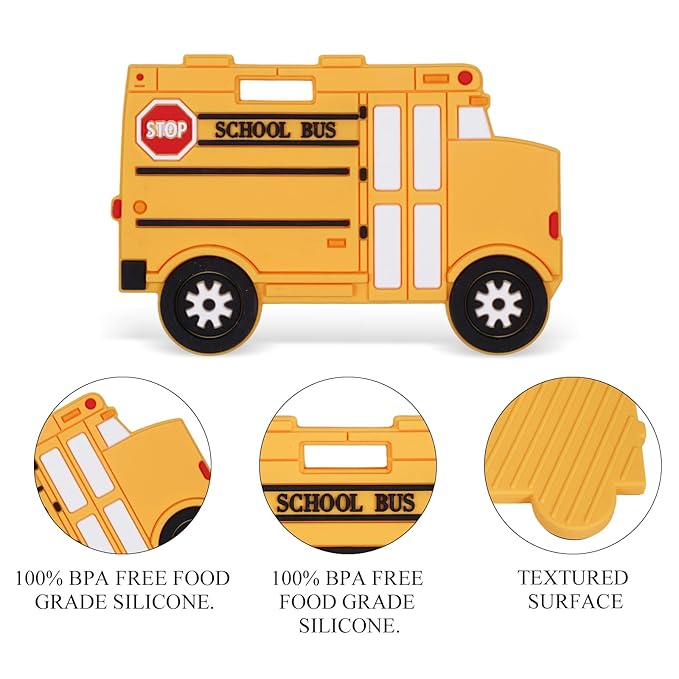 Car Series Baby Teething Toys,Food Grade Silicone Chew Teether for 3 Months+ Infant Boy and Girl,Toddler Sensory Chewing Teether,BPA Free. (School Bus,Yellow)