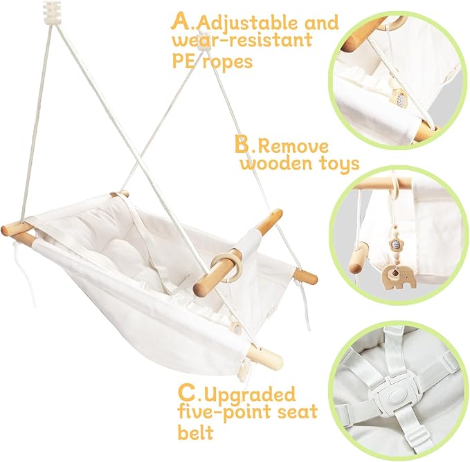 Baby Swing Outdoor Indoor for Infants to Toddlers, Portable Adjustable Baby Porch Swing with 5-Point Safety Belt, Kids Tree Hanging Chair Toys for Door Garden Backyard