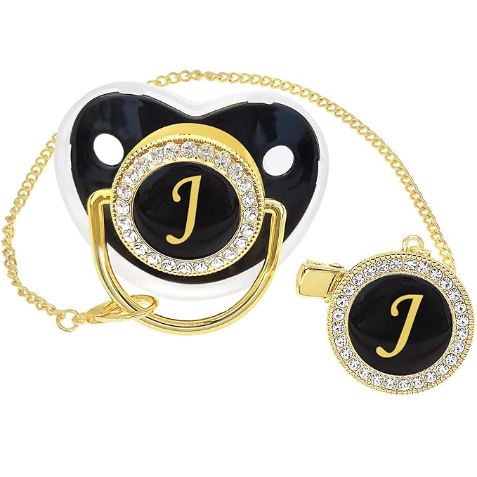 Bling Personalized Black Baby Pacifier with Pacifier Clips and Anti-dust Cover A-Z 26 Letters(Black,J)