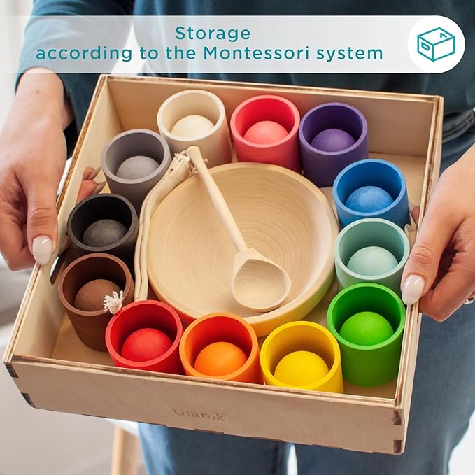 Ulanik Large Balls in Cups Toddler Montessori Toys for 1 Year Old + Kids, Preschool Wooden Matching Games for Learning Color Sorting and Counting - 12 Balls