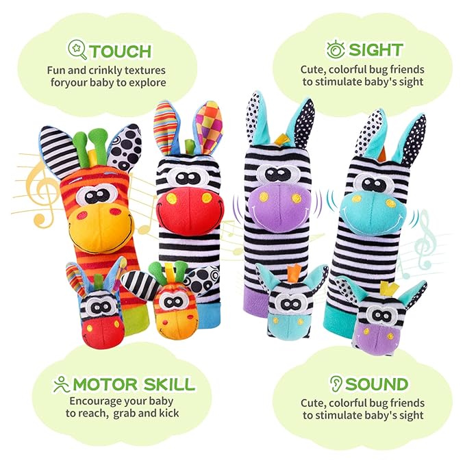 Baby Rattle Socks Set, Hand and Foot Finder Rattles Toys for Babies 0-6 Months, Infant Shower Gifts Set with Wrist Rattle Socks, Newborn Sensory Toy for Boys Girls 0-12 Months