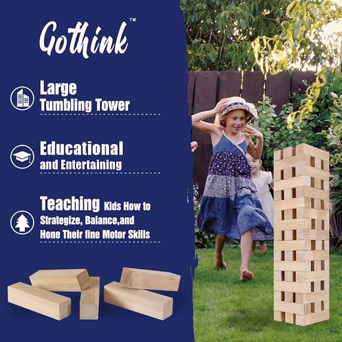 GOTHINK Giant Tumbling Tower Game, Super Large 51pcs Wooden Blocks Stacking Game, Stacking Up to 5.5 Feet, Timber Blocks with Carry Bag, Jumbo Blocks Outdoor Indoor Game Toy Gift for Kids and Adults
