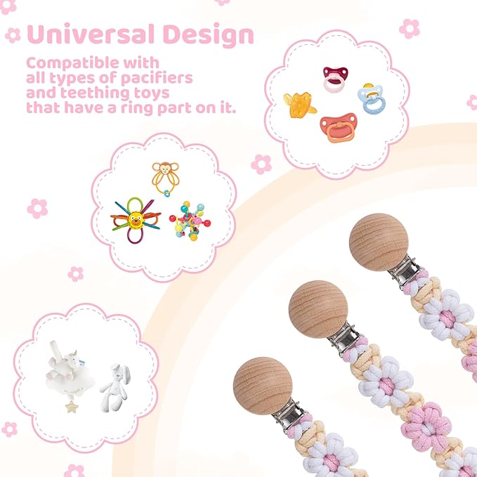 Pacifier Clip for Boys Girls Floral Daisy Macrame Baby Paci Clip Pacifier Holder Leash Boho Wooden Clips Handmade Braided Cotton Binky Clips (2pack:Pink Daisy & Lavender Style B)