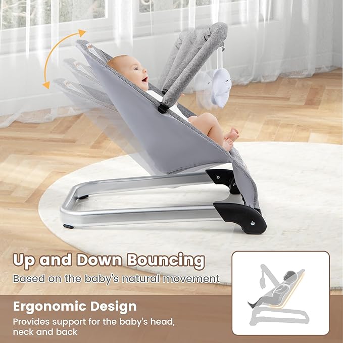 BABY JOY Baby Bouncer, Foldable Baby Bouncer Seat with 5-Point Safety Harness, Removable Fabric Cover & 3 Plush Hangings, Portable Infant Bouncer for Babies 0-6 Months (Light Grey)
