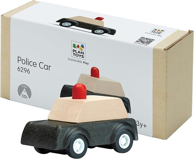 PlanToys® Police Car Wooden Montessori Vehicle Toy | Early Movement, Imagination and Practical Life Exploration | Eco Friendly Car for Indoor and Outdoor Play