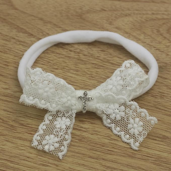 Newborn Girl Small White Lace Bow Baby girl Baptism Headband with Cross