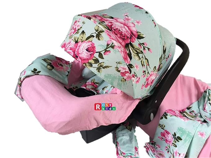9pc Baby Girl Ultimate Set of Infant Car Seat Cover Canopy Headrest Blanket Hat Nursing Scarf, 25JE04