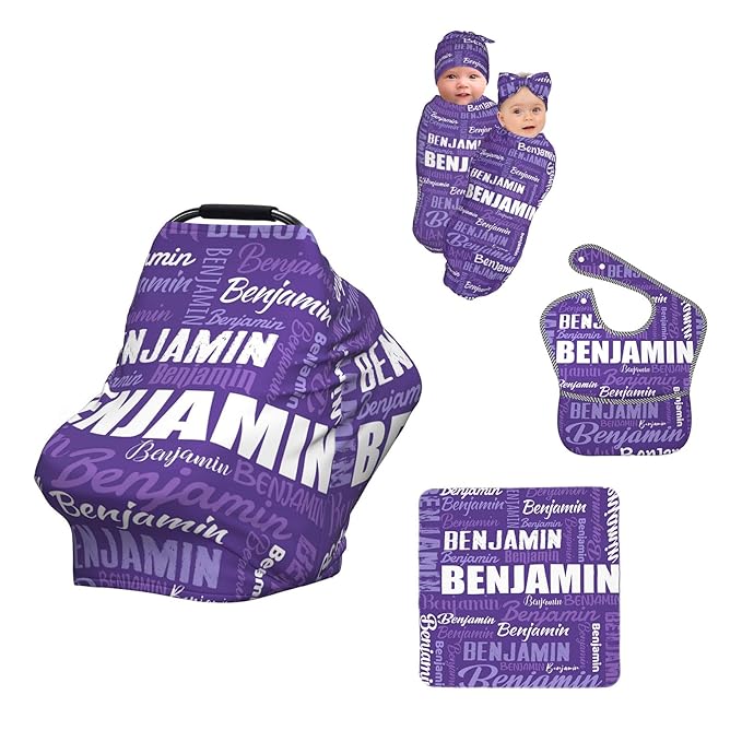 Personalized Baby Car Seat Cover for Boys Girls, Custom Monogram Nursing Covers for Breastfeeding with Name, Infant Stroller Cover, Optional Baby Bib, Baby Swaddle Set for Newborn Infant