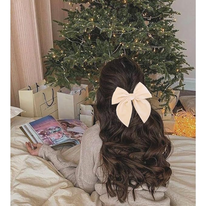 12 PCS Large Fable Bow Hair Clip for Little Girl Kids Linen Velvet Hair Bows Barrettes Alligator Clips Baby Mom Women Hair Accessories (Linen 6 and Velvet 6)