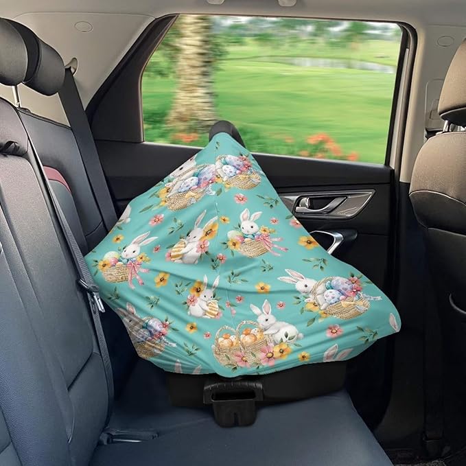 Wanyint Infant Car Seat Cover Stretchy Nursing Scarf Car Seat Canopy Shopping Cart Cover High Chair Cover Protect Babies Breastfeeding Mothers, Easter Rabbit Eggs Basket Flower Teal