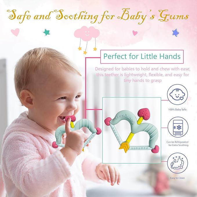 BIGSPINACH Teethers Heart Shape Silicone Baby Teether Toy Easy for Little Hands to Hold,Cupid Bow and Arrow Soft Teething Toy for Infants,Valentine's Gift for Girl or Boy (Green)