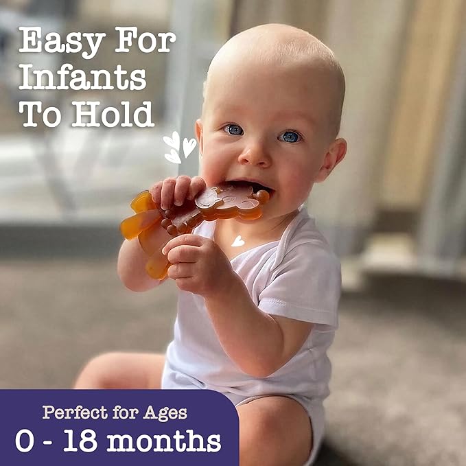 Bambeado LittleBamber Baby Teething Toy - Made with Natural Rubber & Amber Elements - Gentle Support, Easy to Hold, Simple to Clean - Cute Giraffe Teether Toy - Alternative to Amber Teething Necklace