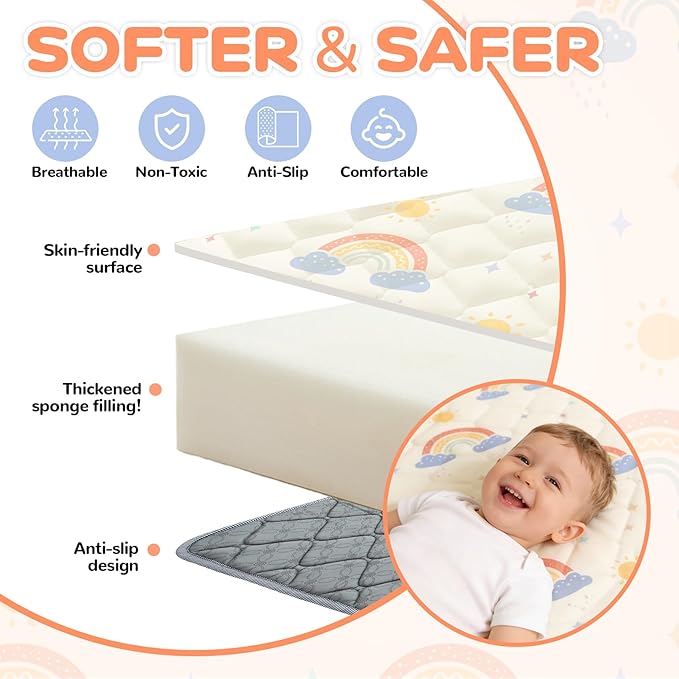 79"x71" Baby Play Mat - Extra Thicker & Soft Floor Crawling Mat - Non-Slip Foam Playmats for Playpen - Foldable & Machine Washable Baby Activity Mat for for Babies and Toddlers, Rainbow