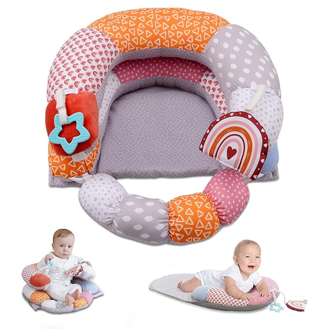 MIIMER 2-in-1 Tummy Time Baby Mat & Seated Support Pillow, Tummy Time Cushion with Detachable Support Prop and Toys, for Early Development Support for Newborns and Older Babies