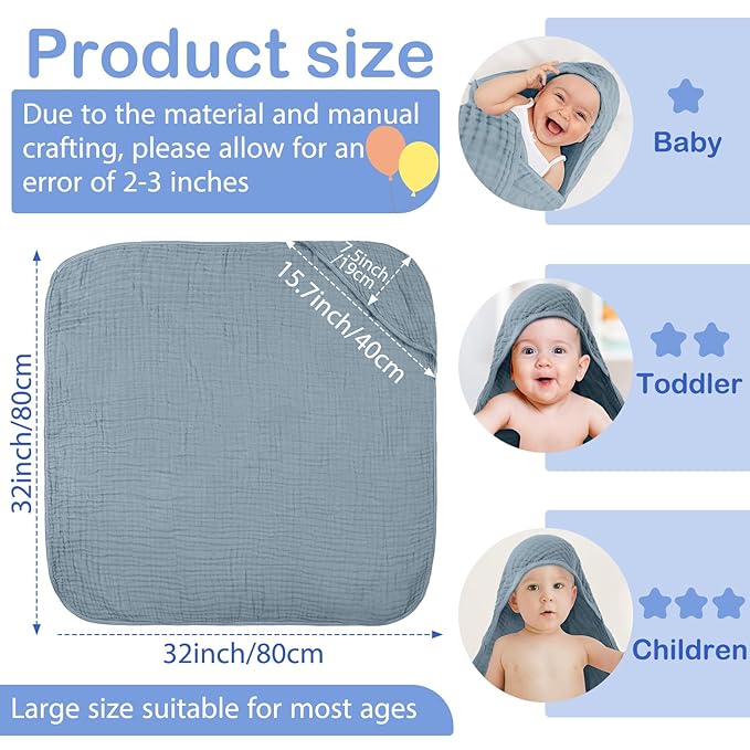 Peryiter 4 Pcs Muslin Hooded Baby Towels 32 x 32 Inch Cotton Newborn Bath Essentials Muslin Infant Blankets Absorbent Registry Gifts for Girl Boy Kids Baby Shower (Green Series)