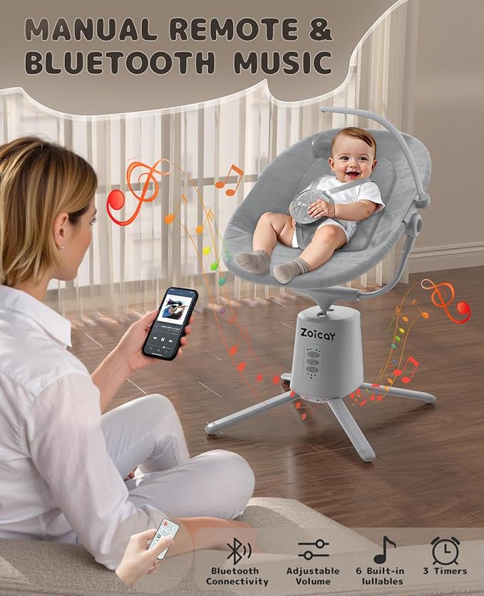 Zoicay Baby Swing,Baby Swings for Infants with 3 Modes & 5 Speeds, BT Enabled App & Remote Control, Electric Swing – 6 Lullabies and 3 Timer Setting, 2 Seat Positions and 5-Point Harness Swing (Gray)