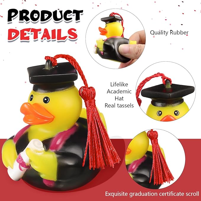 Lewtemi 12 Pcs Red Graduation Diploma Rubber Ducks 2026 Grad Rubber Duck Graduation Duck Bulk Cake Topper for Student Bathtub Swimming Pool Theme Party Favors, 2.5 x 2.5 x 2 Inch