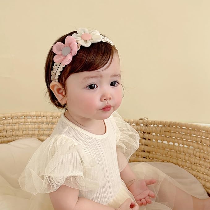 Baby Girls Hairbands Lace Flowers Headband Handmade Soft Stretchy Colorful Flower Hairband Newborn Headbands with Pearls Elastic Hairbands for Infant Head Band (Pink and White Flowers)