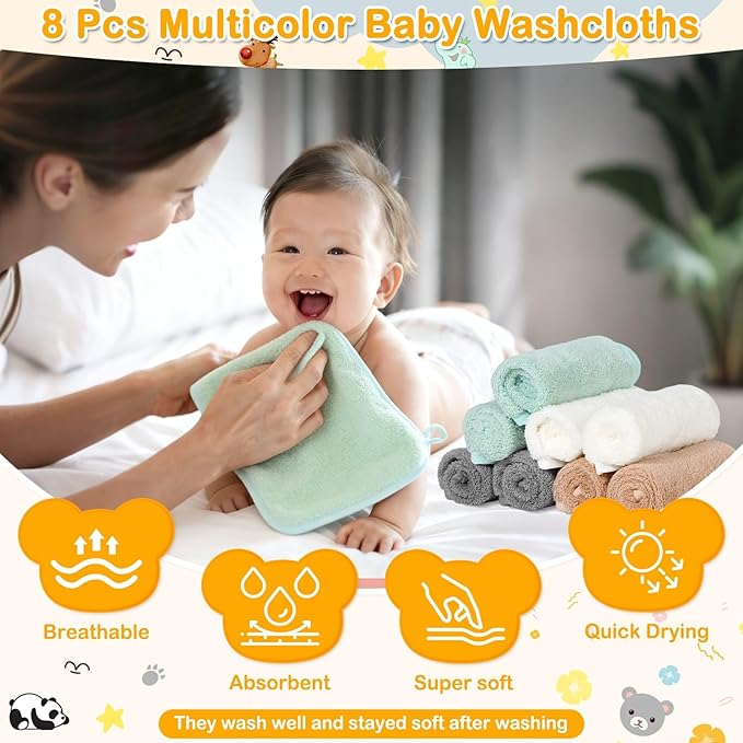 Flasoo 16 Pcs Baby Towels Set for Infants Toddlers, 4 Pcs Hooded Bath Towels, 4 Pcs Baby Bibs & 8 Pcs Washcloths Set, Absorbent Soft Newborn Gift for Boys & Girls-Elephants, Pandas, Bears & Moose