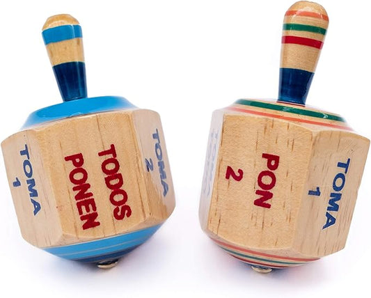 Pirinola Toma Todo Set – Wood Spinning Top Game – Set of 2 - Party Games for Mexican Fiesta, Bachelor Parties or Baby Shower, 4 Inches Tall.