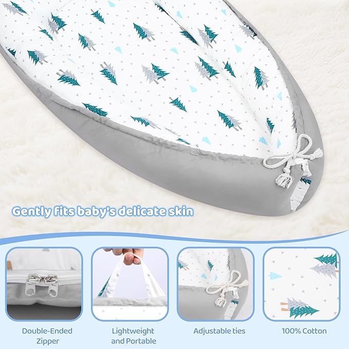Baby Lounger for Newborn,0-12 Months,Soft Infant Lounger Pillow for Home and Travel, Baby Protable Nest Lounger with Cover,Multi-Use Baby Lounger for Supervised Play&Tummy Time(Tree)
