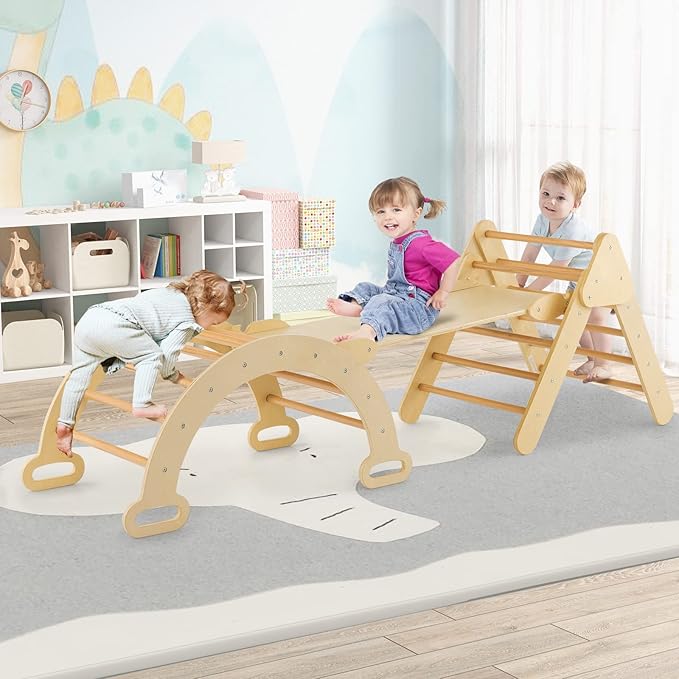 HONEY JOY 5 in 1 Wooden Climbing Toys for Toddlers, Triangle Climber with Ramp for Sliding or Climbing, Indoor Beech Montessori Triangle Climbing Arch Set for Daycare, Gym & Playground, Natural