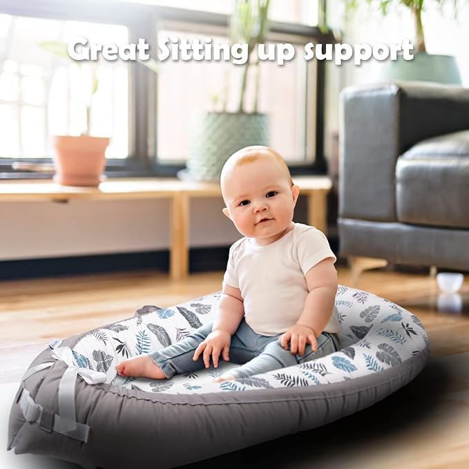 Infant Support Cushion | Baby Support Cushion for Newborn | Reversible, Adjustable & Portable Tummy Time Mat for Home and Travel | Soft, Breathable, Washable Cover | Grey Leaves