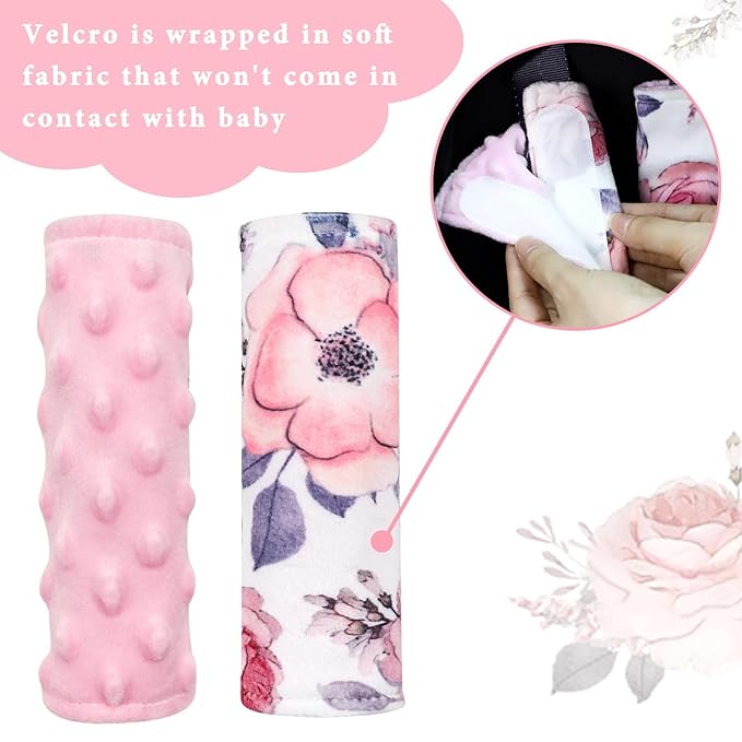 Car Seat Strap Cover for Babies, Soft Car Seat Belt Covers, Mink Car Seat Strap Shoulder Pads Girls, Pink Floral
