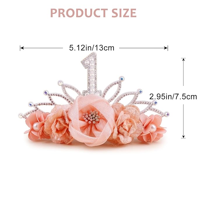 cherrboll Baby Girl Birthday Crown Floral Headband, Soft Flower Head Wrap Tiara Hairband for 1-3 Years Old Toddlers Kids First 1st Birthday Party Dress Photo Decoration
