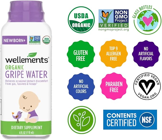 Wellements Gripe Water 4 Fl Oz (Pack of 2) Relieves Occasional Stomach Discomfort from Gas, Fussiness & Hiccups, USDA Certified Organic, Gluten Free & Non GMO, Ages Newborn+