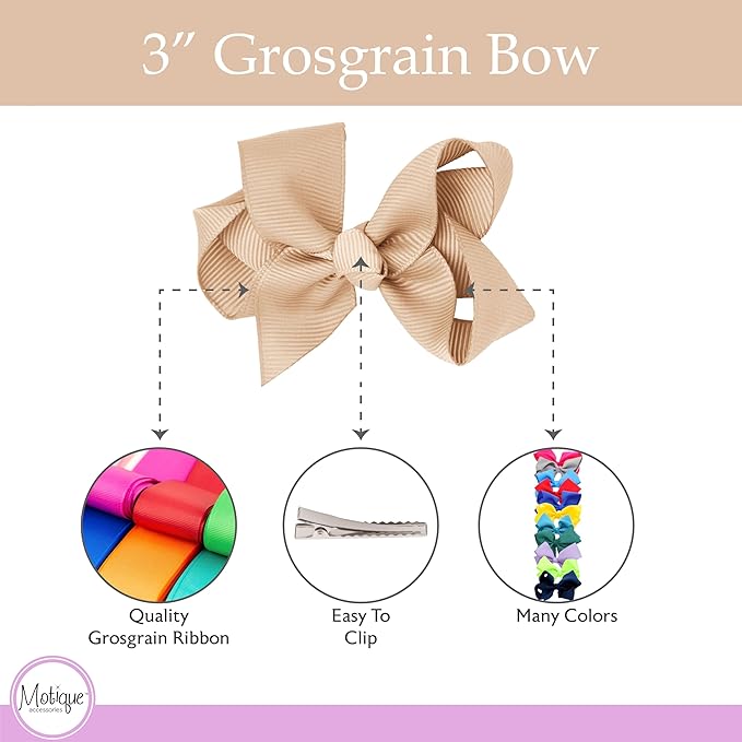 3 Inch Grosgrain Bow for Little Girls- Set of 2 (Tan)
